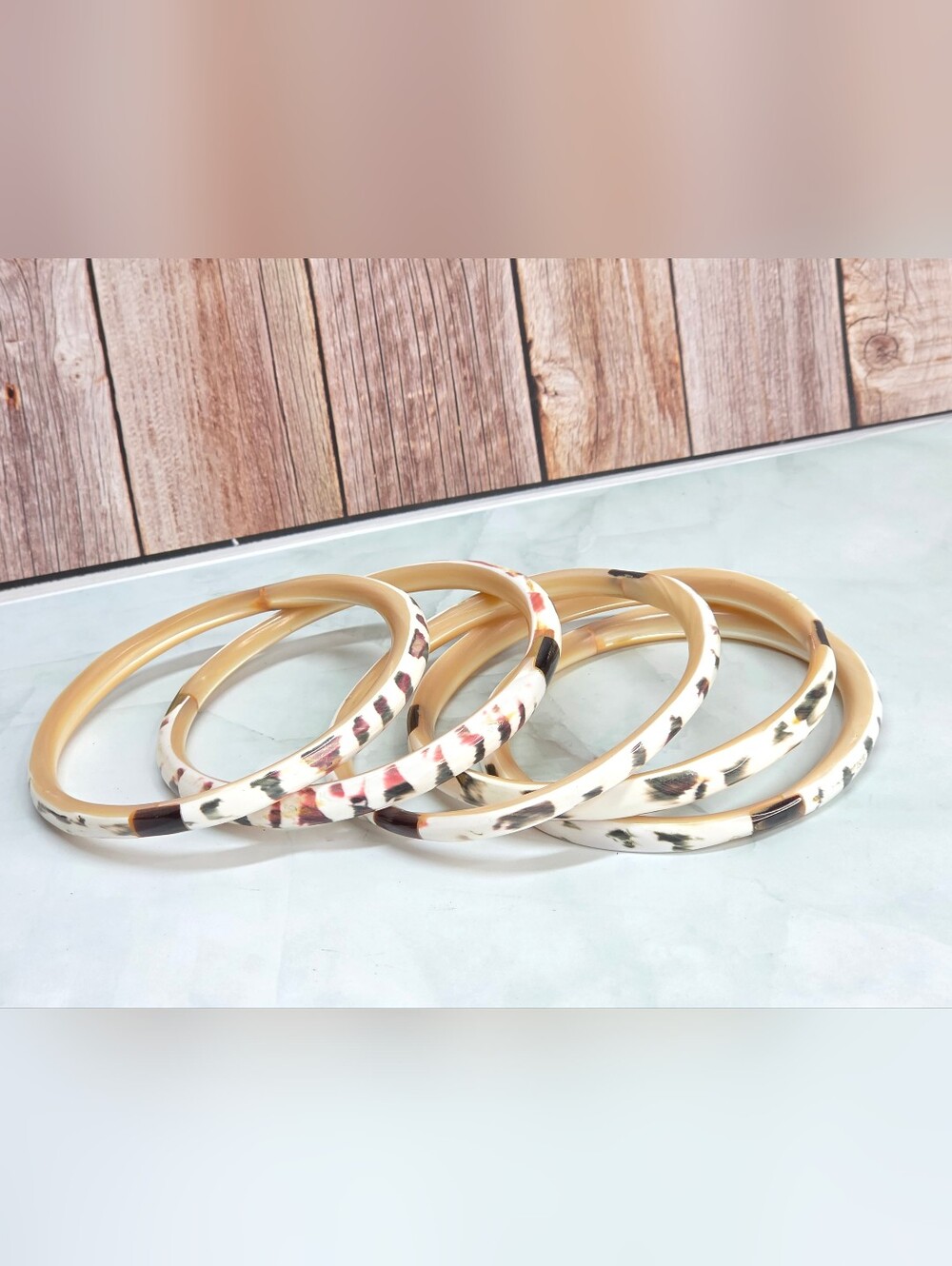 Vintage Natural Horn Bangle Bracelet Set 5 Pc Honey & Cream Oversized